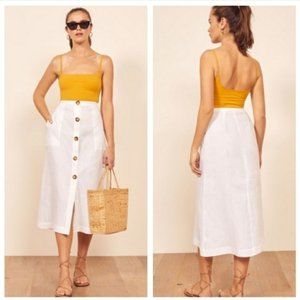 Reformation Highland White Linen Midi Skirt